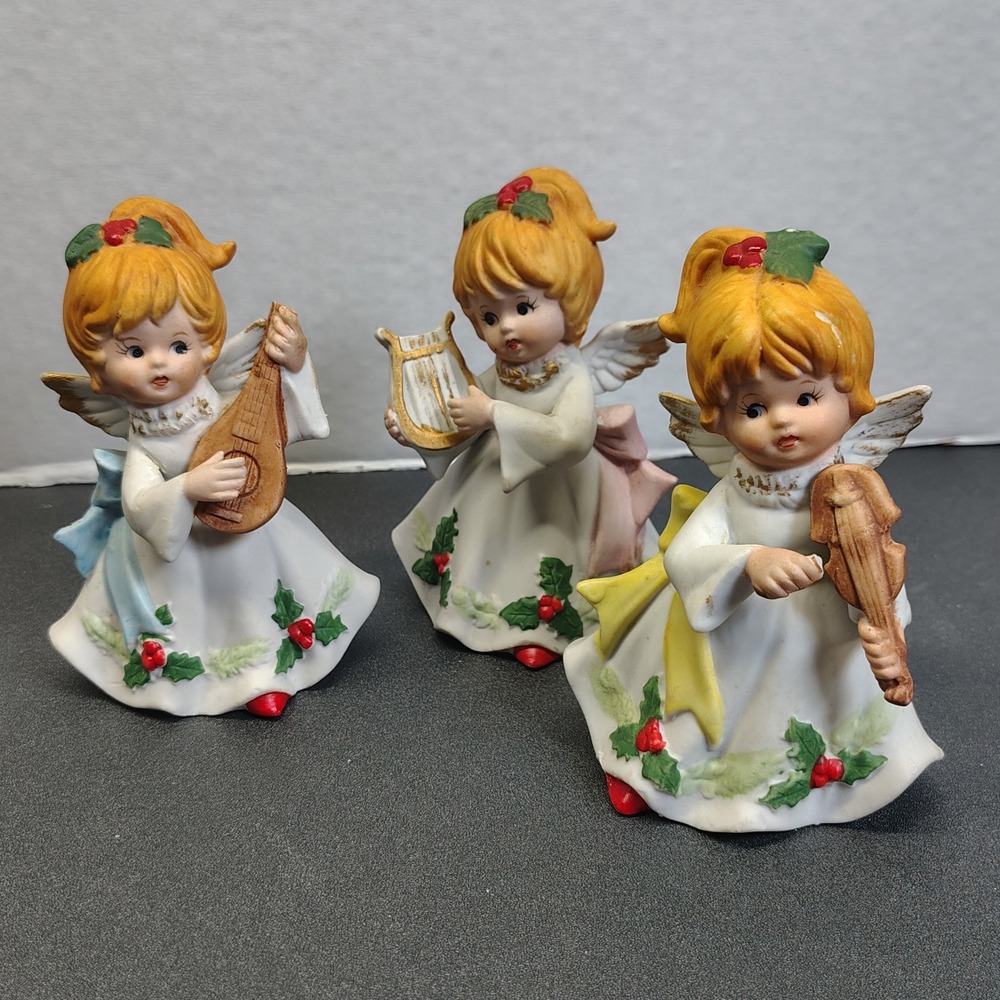 VTG Homco Christmas 3 Angels Choir Music Harp Porcelain #5551 MCM Holidays
